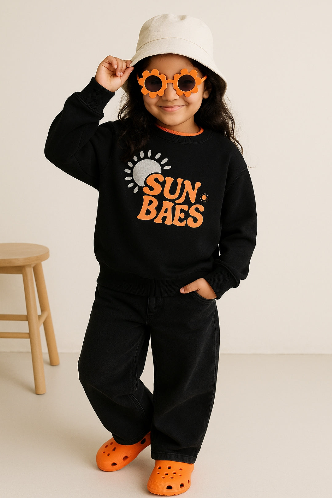 Girls Black Cotton Printed Oversized Sweatshirt