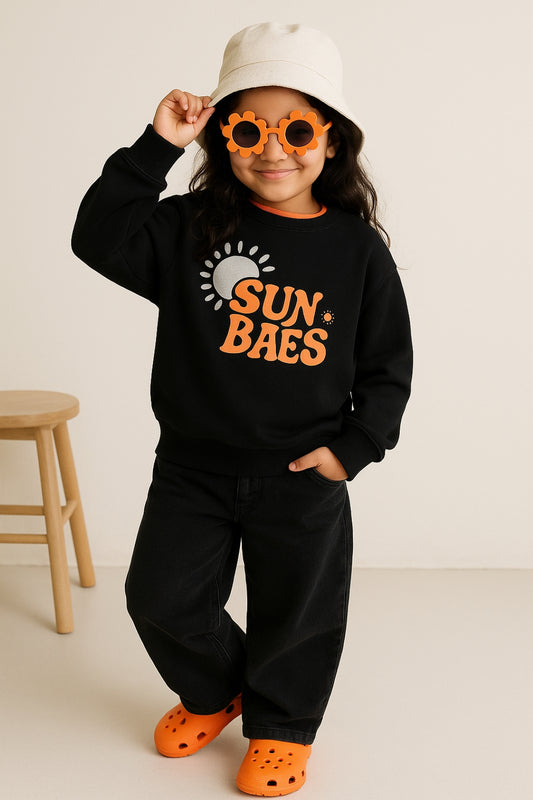 Girls Black Cotton Printed Oversized Sweatshirt