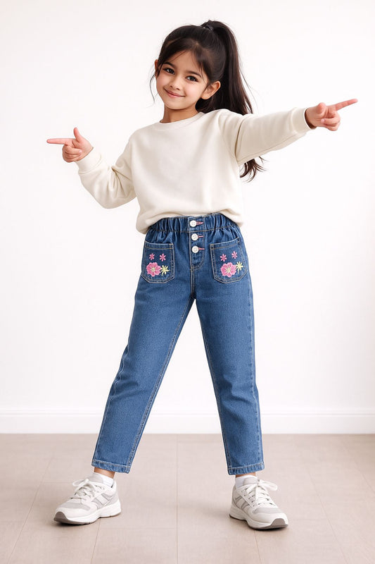 Girls Blue Lycra Embroidery Jogger