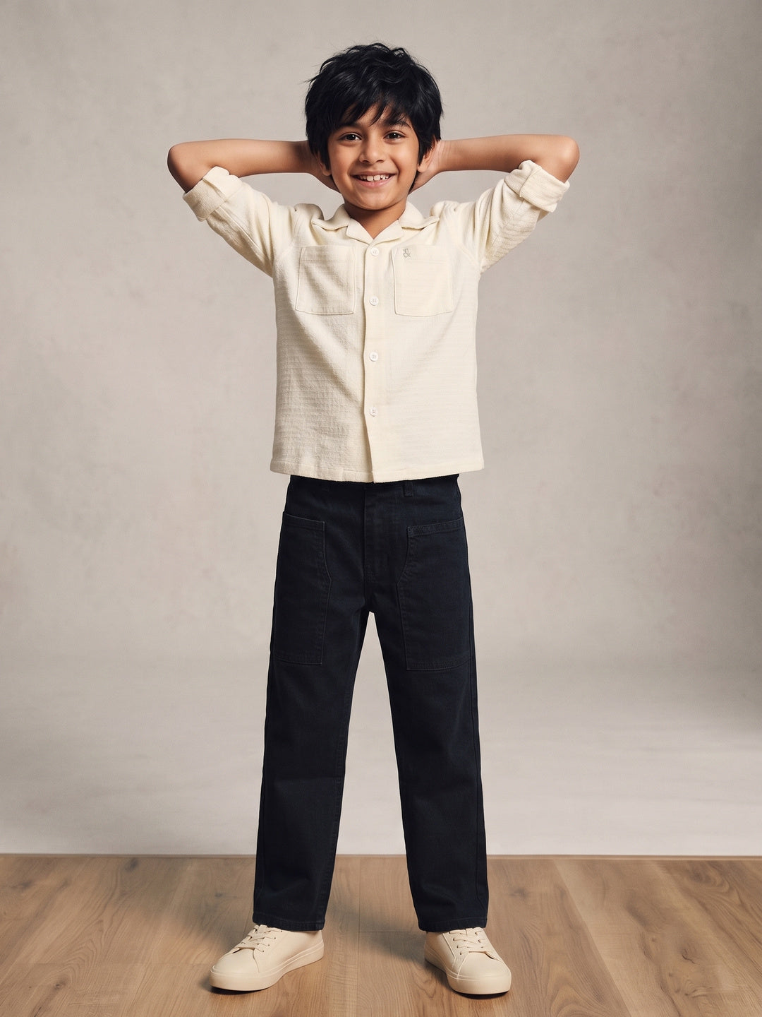 Boys Cotton Cream Shirt With Black Denim Washed Straight Fit Jeans
