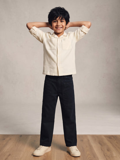 Boys Cotton Cream Shirt With Black Denim Washed Straight Fit Jeans