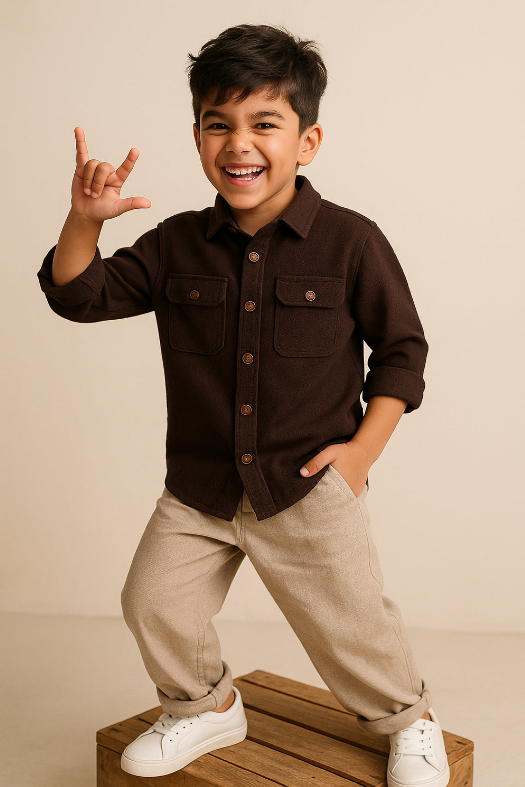 Boys Brown Solid Cotton Shacket