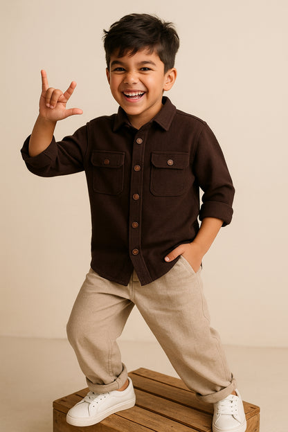 Boys Brown Solid Cotton Shacket