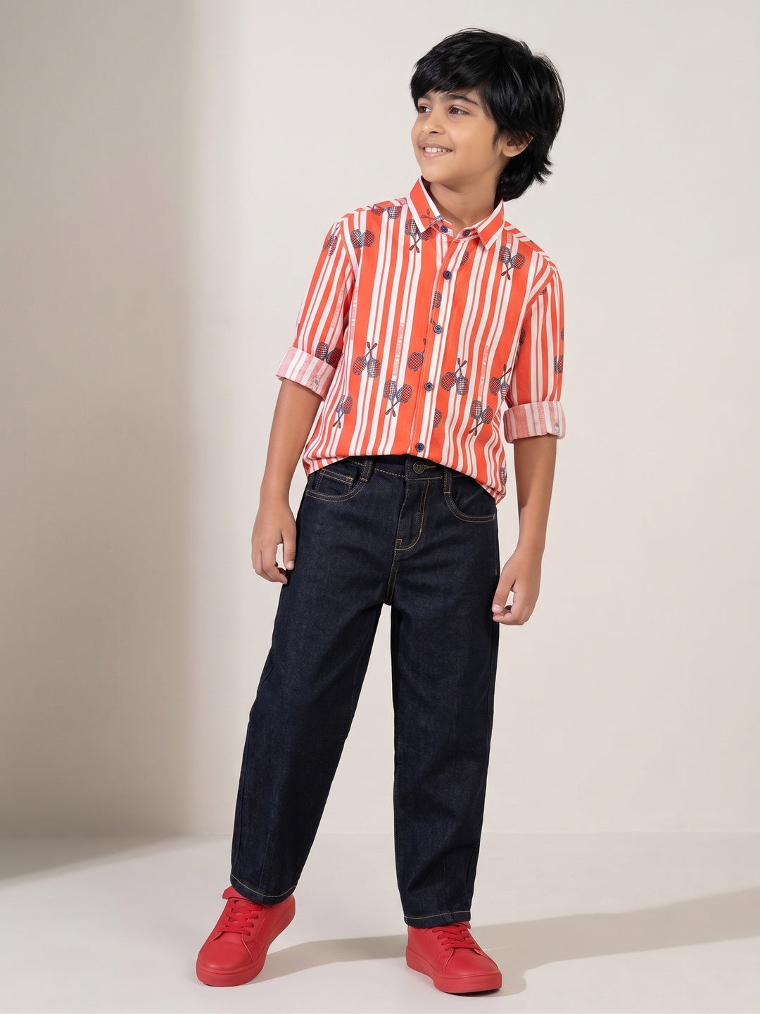 Boys Cotton Orange Stripes Printed Shirt With Black Denim Washed Regular Fit Jeans