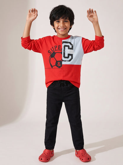 Boys Cotton Red Printed T-Shirt With Black Denim Solid Slim Fit Joggers