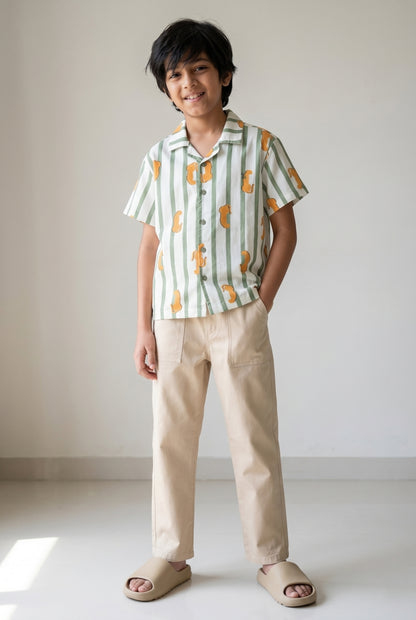 Boys Cotton Green Stripes Printed Shirt With Cream Trouser Clothing Set