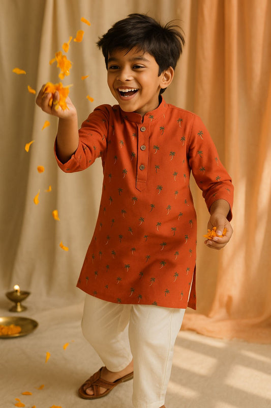 Boys Cotton Boys Orange Full Sleeve Floral Kurta Set
