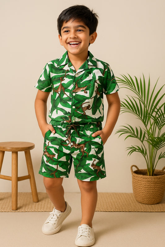 Boys Green Cotton Printed Shirt & Short Co ords Set