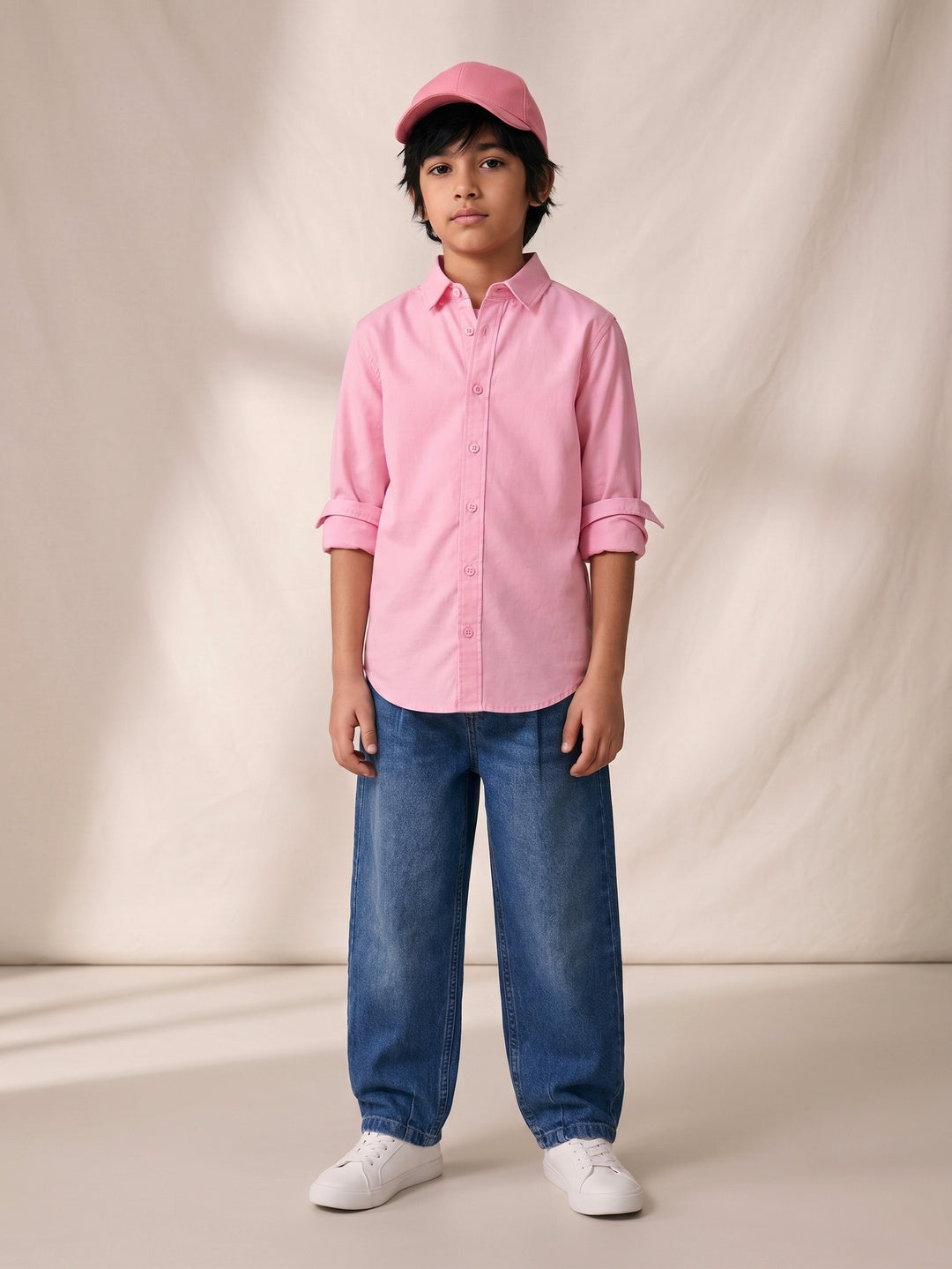 Boys Cotton Pink Shirt With Blue Denim Washed Baggy Fit Jeans