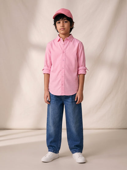 Boys Cotton Pink Shirt With Blue Denim Washed Baggy Fit Jeans