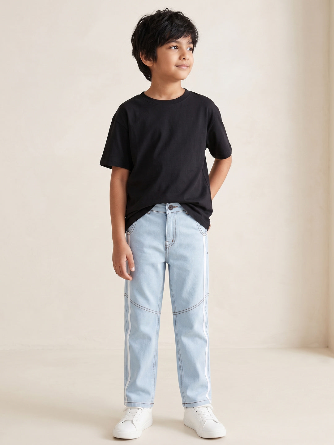 Boys Cotton Black T-Shirt With Light Blue Denim Washed Straight Fit Jeans
