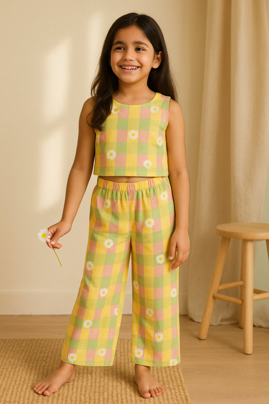 Girls Cotton Yellow Printed Top & Pants Co-ord Set