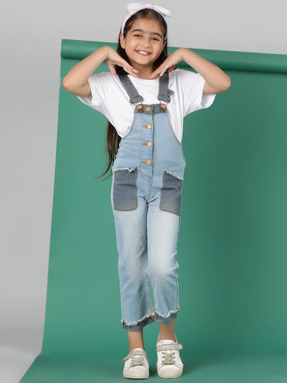 Girls Light Blue Washed Denim Dungarees