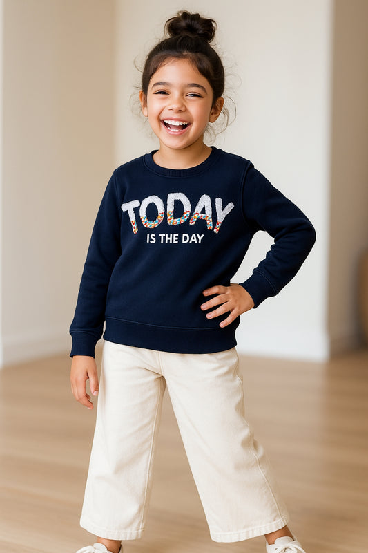Girls Navy Blue Printed Cotton Sweatshirt