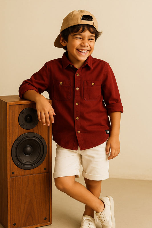Boys Maroon Solid Cotton Shirt