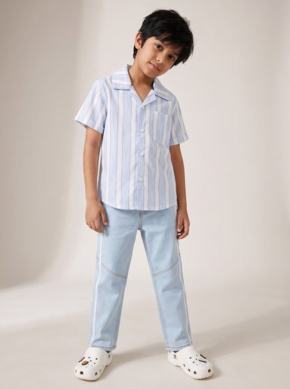 Boys Cotton Stripes Printed Blue Shirt With Light Blue Denim Washed Straight Fit Jeans
