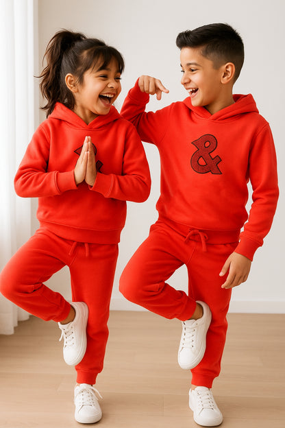 Unisex Red Solid Fleece Hooded Co-ord Set