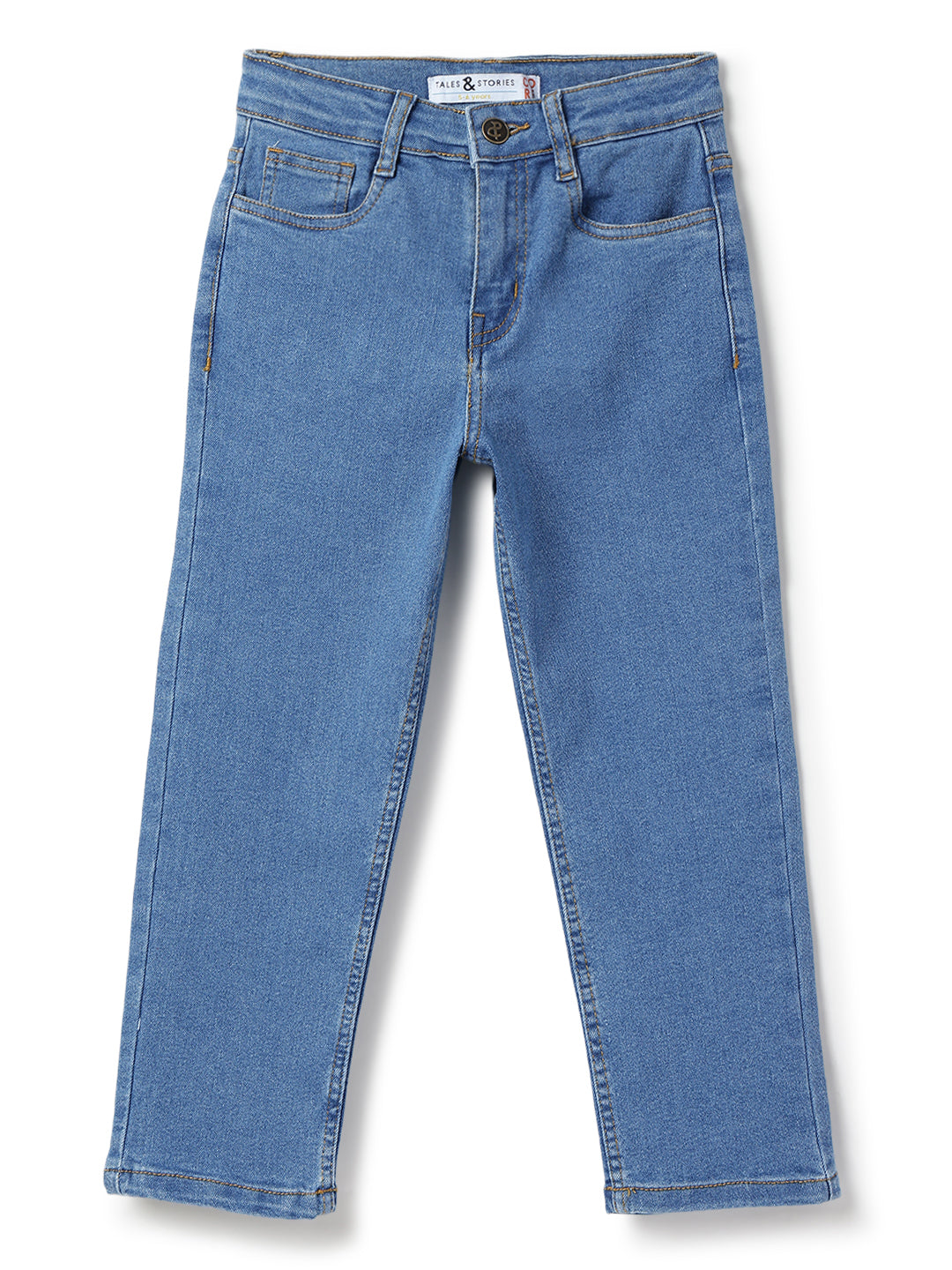 Boys Cotton Charcoal T-Shirt With Blue Denim Washed Straight Fit Jeans