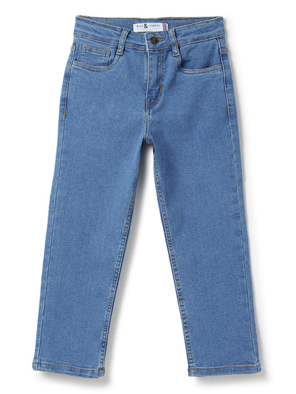 Boys Cotton Charcoal T-Shirt With Blue Denim Washed Straight Fit Jeans