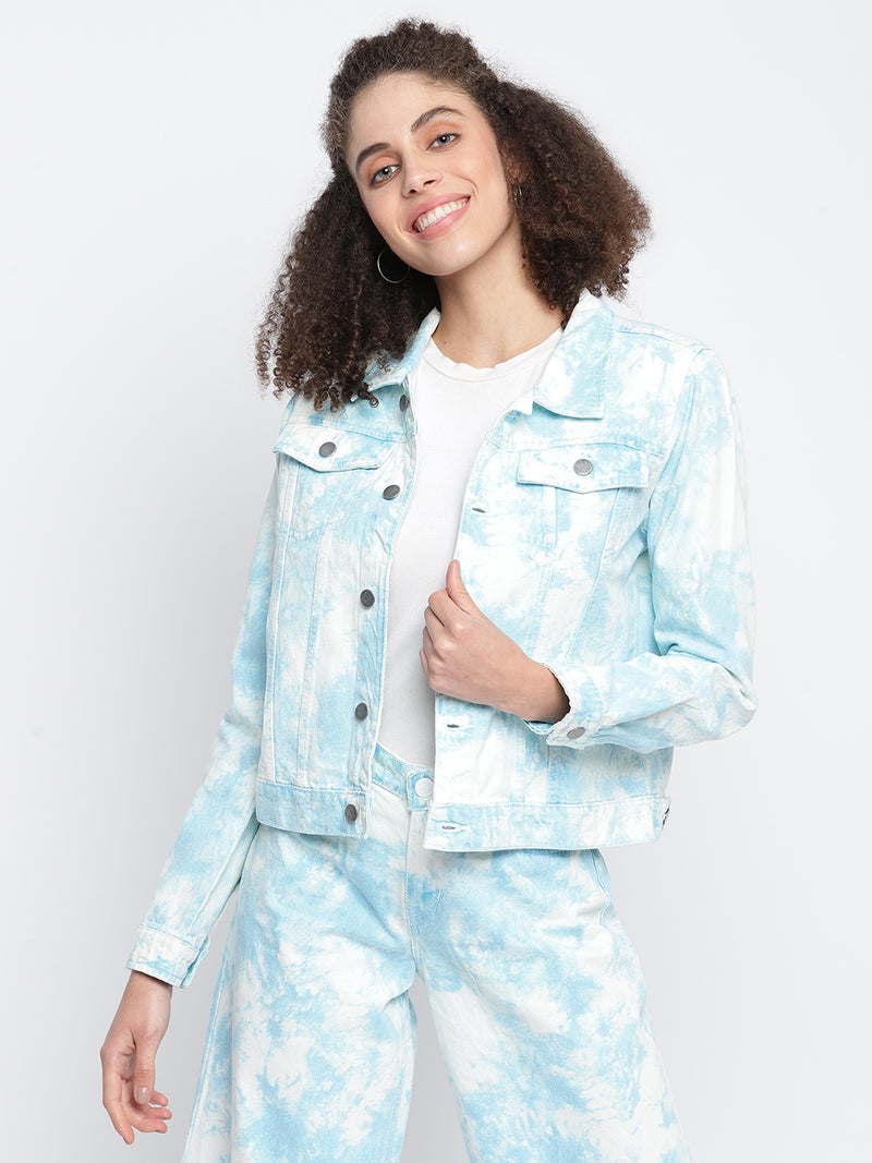 Women Sky Blue Denim Cotton Tie & Dye Jacket