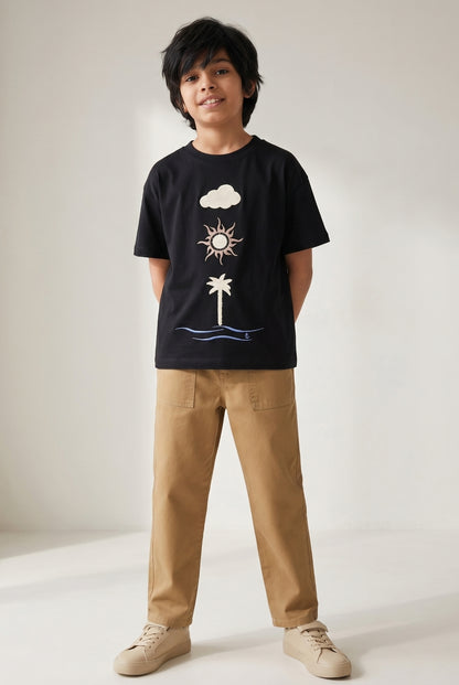 Boys  Cotton Black T-Shirts With Khaki Trouser Clothing Set