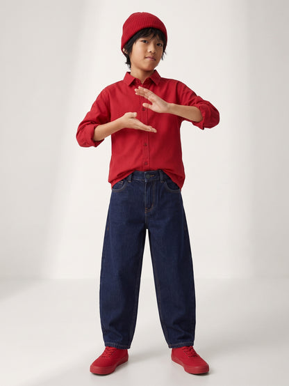 Boys Cotton Red Shirt With Blue Denim Washed Regular Fit Jeans