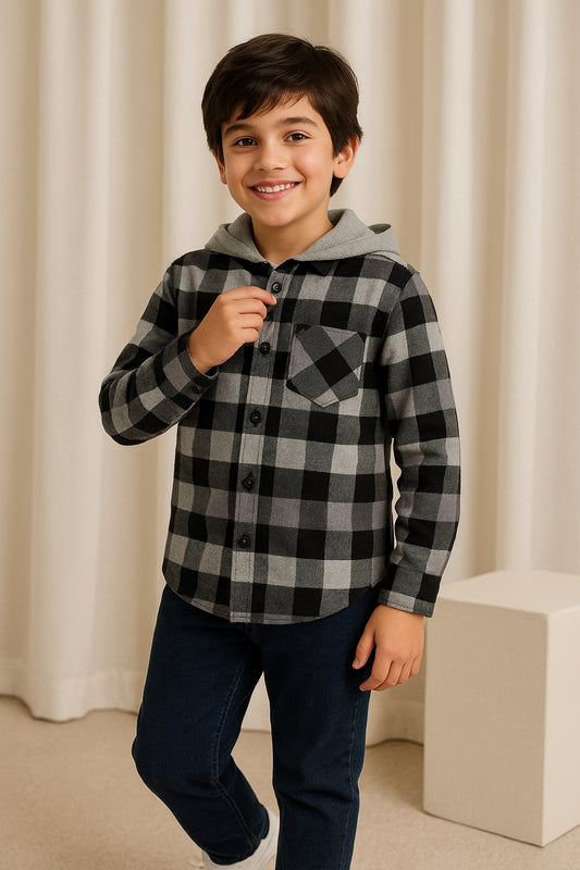 Boys Black Cotton Poly Checked Hooded Shirt