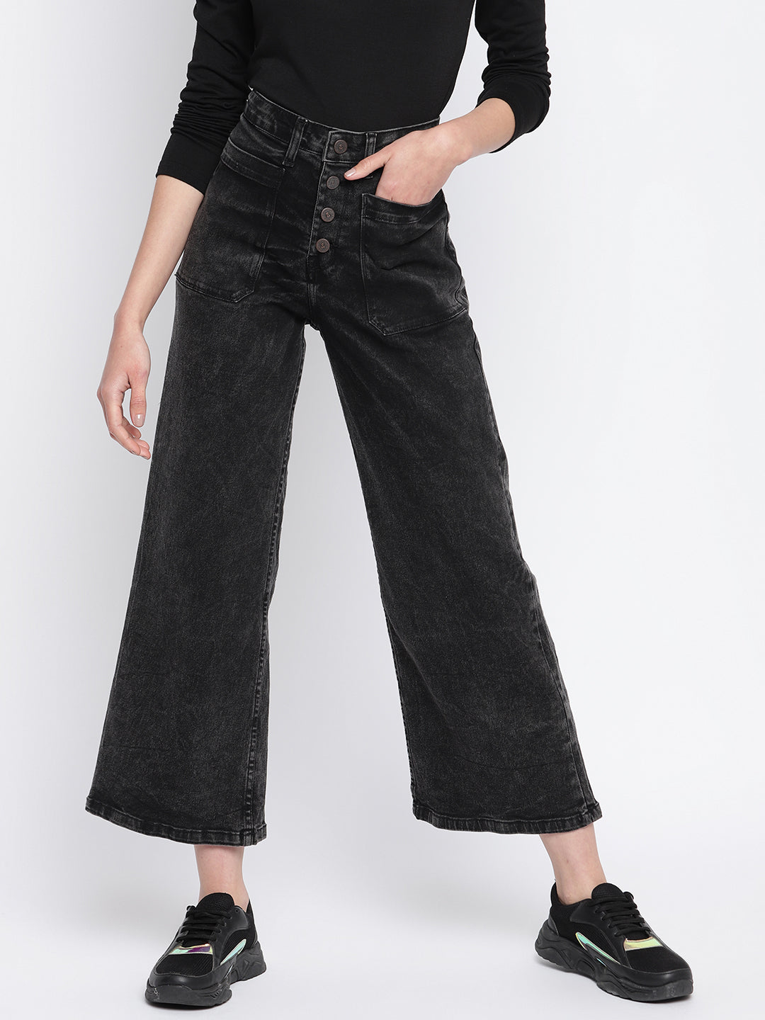 Womens Black Denim Wide Leg  Stretchable Jeans