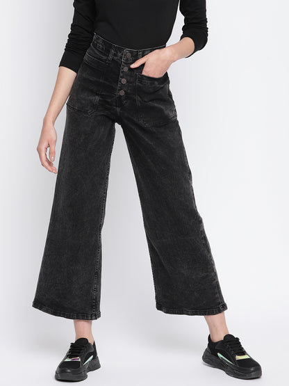 Womens Black Denim Wide Leg  Stretchable Jeans