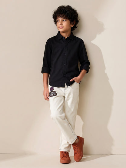 Boys Cotton Black Shirt With Off White Denim Solid Slim Fit Jeans