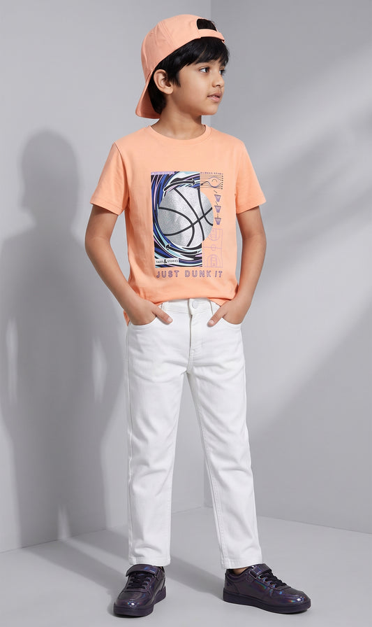 Boys Cotton Peach T-Shirt With White Denim Washed Straight Fit Jeans