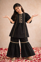 Girls Black Chanderi Embroidered Ethnic Kurta & Sharara Set