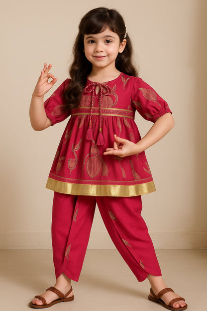 Girls Pink Printed Viscose Round Neck Kurta Set