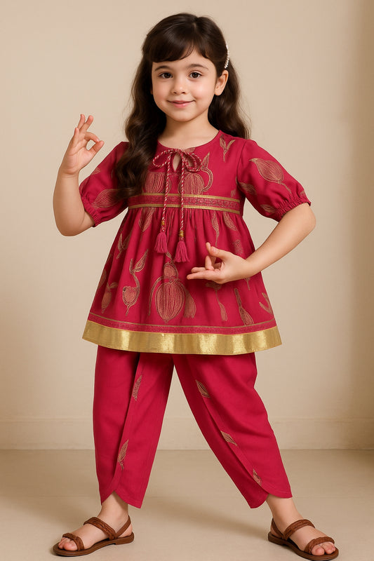 Girls Pink Printed Viscose Round Neck Kurta Set