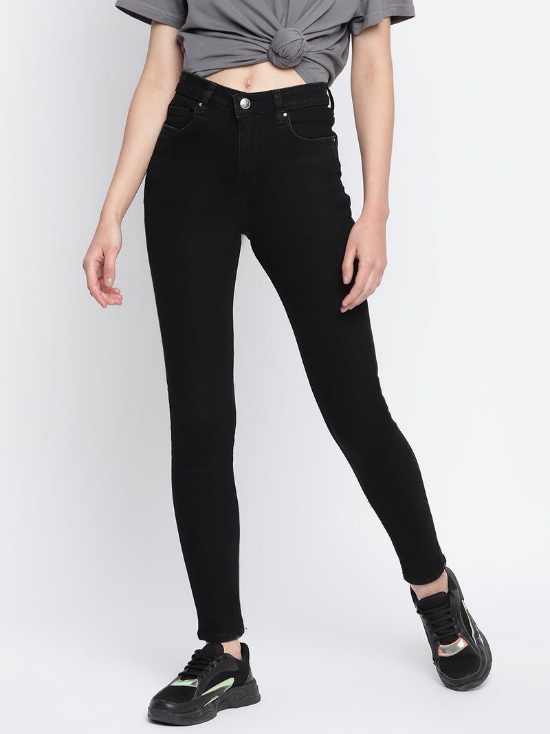 Women Black Denim Lycra Solid Skinny Fit Jeans