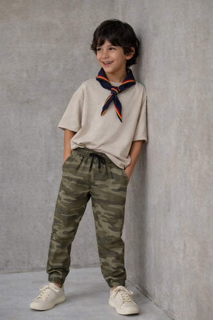 Boys Olive Cotton Print Slim Fit Jogger