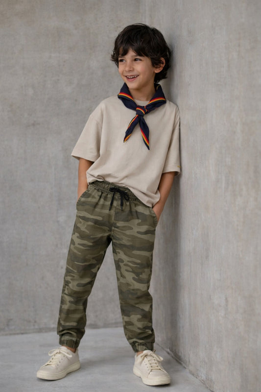 Boys Olive Cotton Print Slim Fit Jogger