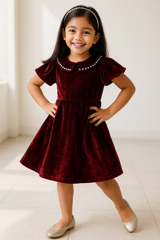 Girls Maroon Polyester Half Sleeve Bodycon Fit Solid Dress