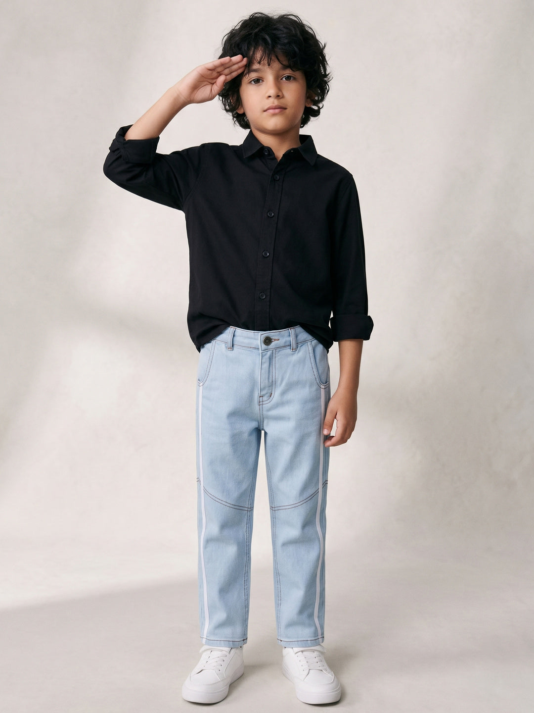 Boys Cotton Black Shirt With Light Blue Denim Washed Straight Fit Jeans