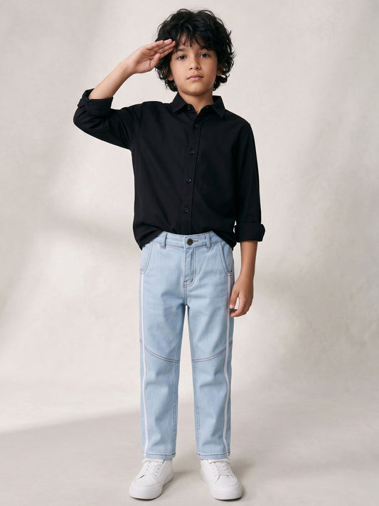 Boys Cotton Black Shirt With Light Blue Denim Washed Straight Fit Jeans