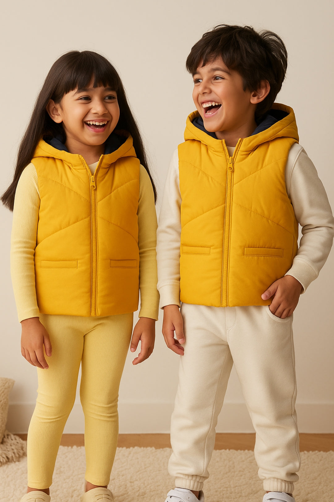 Unisex Yellow Polyester Hooded Puffer Jacket