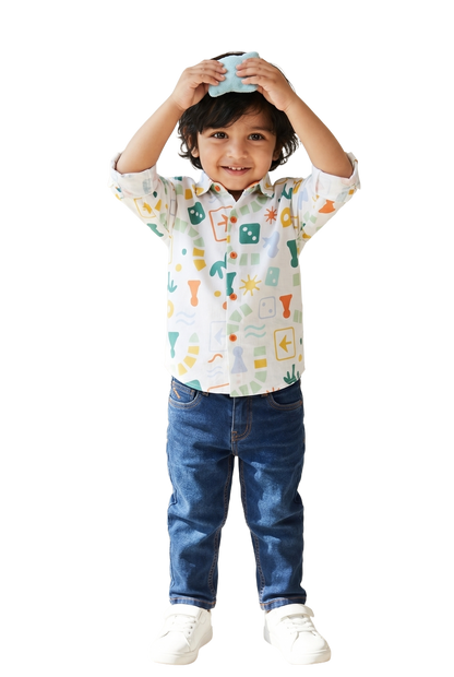 Boys White Printed Shirt and Blue Jeans Clothing Set
