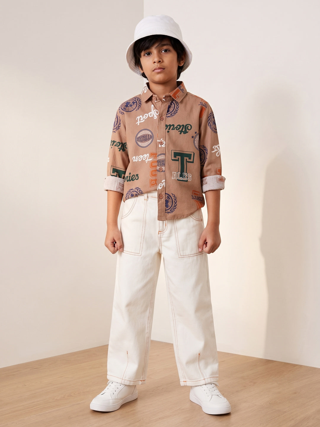 Boys Cotton Brown Printed Shirt With White Denim Solid Baggy Fit Jeans