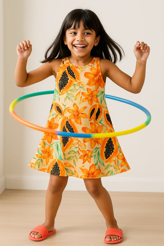 Girls Viscose Orange Floral Sleeveless Casual Dress