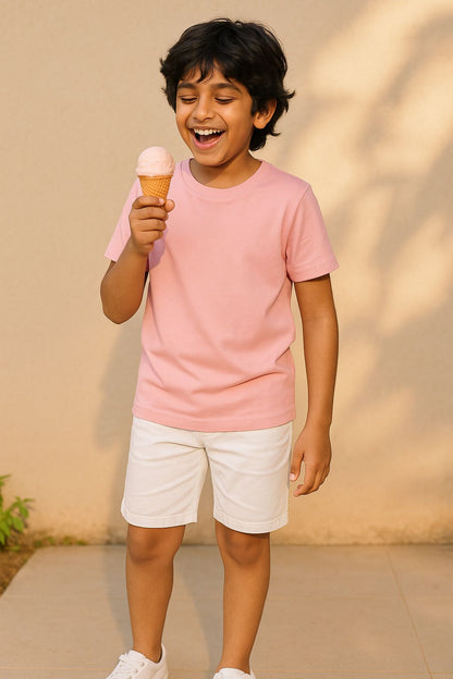 Boys Pink Cotton Solid T-Shirt