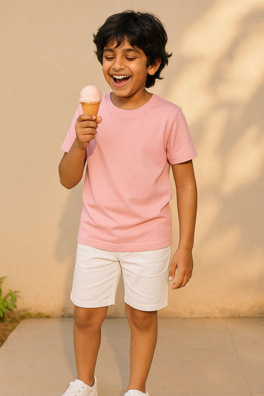 Boys Pink Cotton Solid T-Shirt