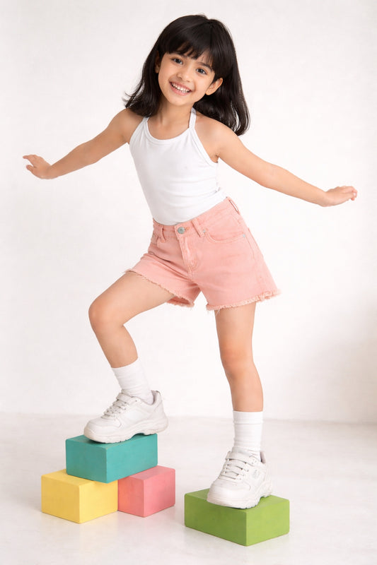 Girls Peach Cotton Shorts