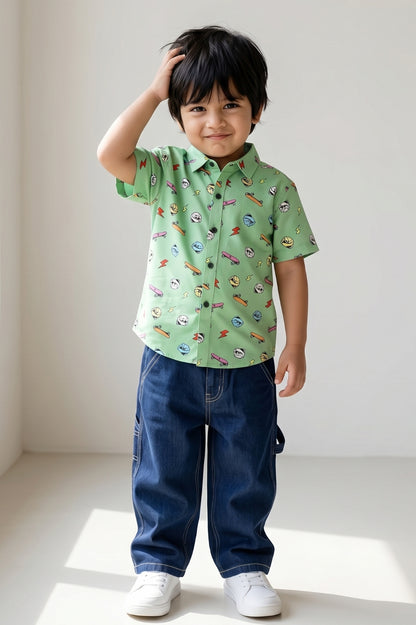 Boys Green Half Sleeve Shirt and Blue Jeans Clothing Set