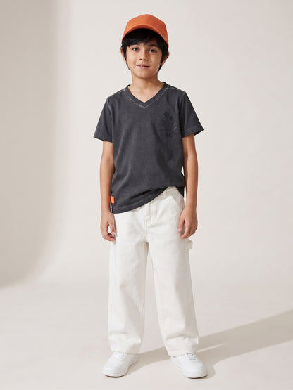 Boys Cotton Charcoal T-Shirt With White Lycra Denim Solid Relaxed Fit Jeans