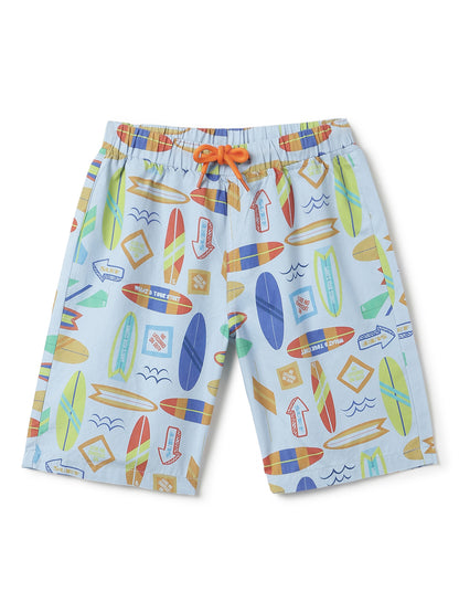 Boys Sky Blue Printed Knee Length Shorts